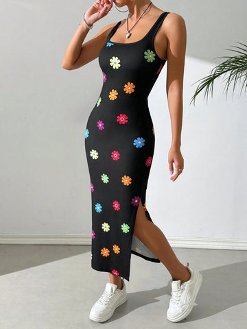 Women's Daisy Print Knitted Sleeveless Bodycon Dress, Summer