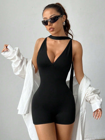 Women's Deep V-Neck Backless Halter Bodycon Jumpsuit