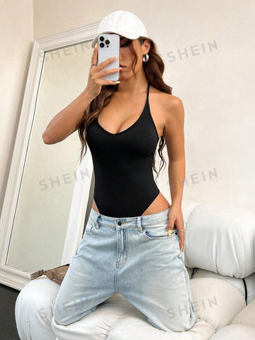 Women's Deep V-Neck Halter Bodysuit