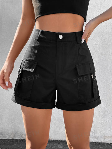 EZwear Women's Drawstring Flap Pocket Side Roll Up Hem Cargo Shorts