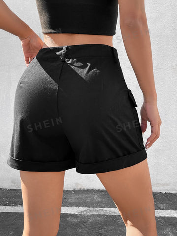 EZwear Women's Drawstring Flap Pocket Side Roll Up Hem Cargo Shorts