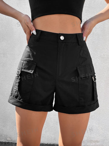 EZwear Women's Drawstring Flap Pocket Side Roll Up Hem Cargo Shorts