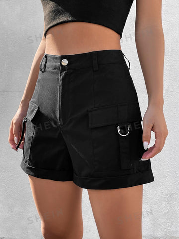 EZwear Women's Drawstring Flap Pocket Side Roll Up Hem Cargo Shorts