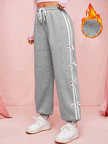 EZwear Women's Drawstring Waist Joggers With Side Stripe And Bow Decoration