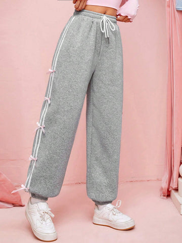 EZwear Women's Drawstring Waist Joggers With Side Stripe And Bow Decoration