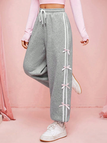 EZwear Women's Drawstring Waist Joggers With Side Stripe And Bow Decoration