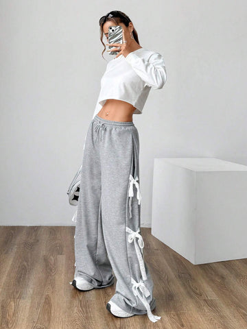 EZwear Women's Drawstring Waist Loose Lace Trim Straight Leg Sweatpants