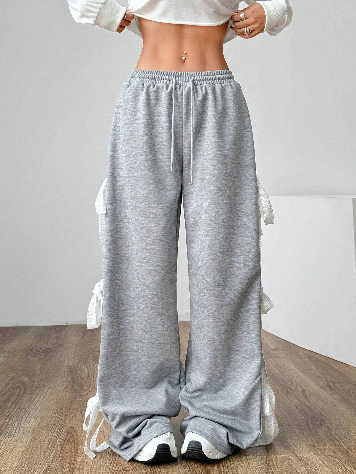 EZwear Women's Drawstring Waist Loose Lace Trim Straight Leg Sweatpants