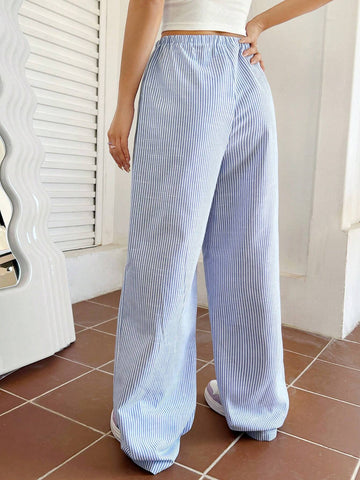 EZwear Women's Drawstring Waist Striped Straight-leg Pants