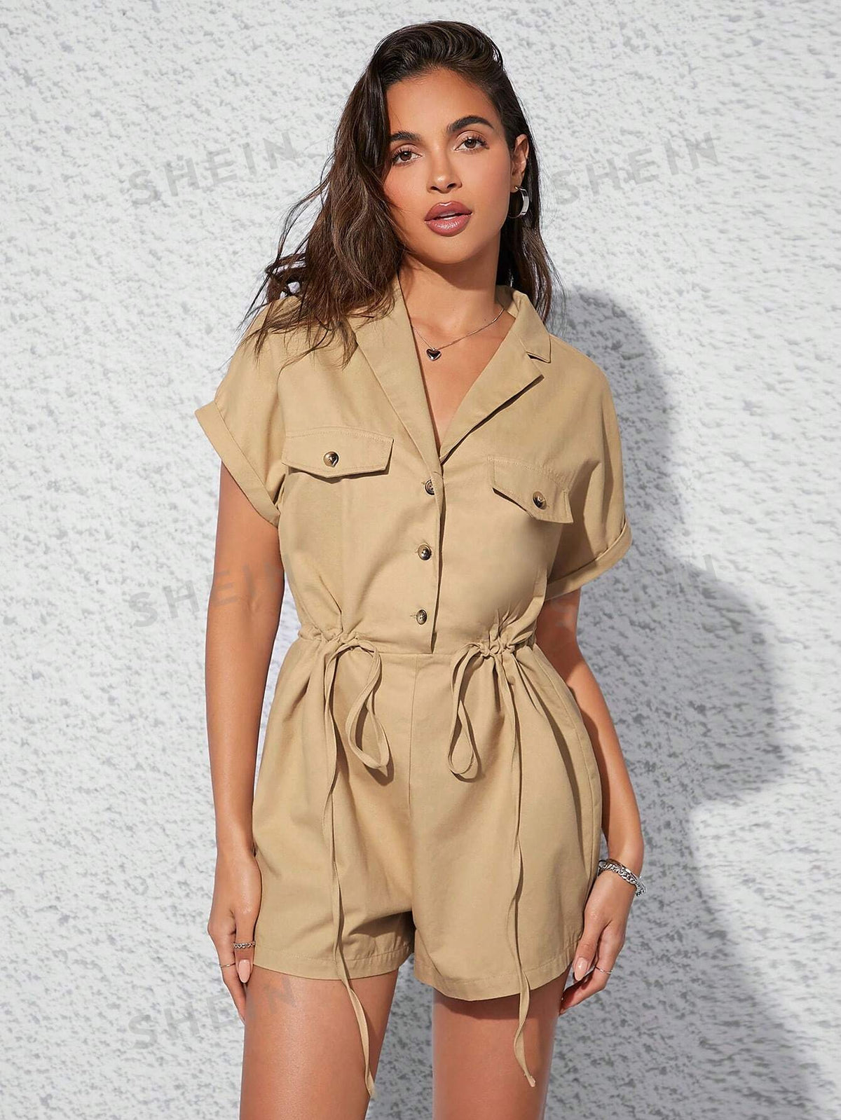 Women's Drawstring Waist Utility Jumpsuit Shorts