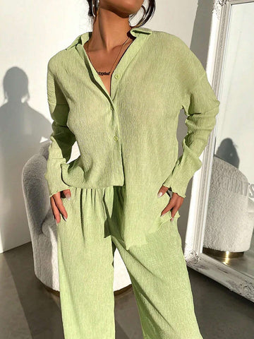 EZwear Women's Drop Shoulder Long Sleeve Loose Casual Shirt With V-Neck And Textured Fabric