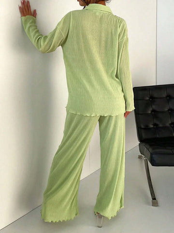 EZwear Women's Drop Shoulder Long Sleeve Loose Casual Shirt With V-Neck And Textured Fabric