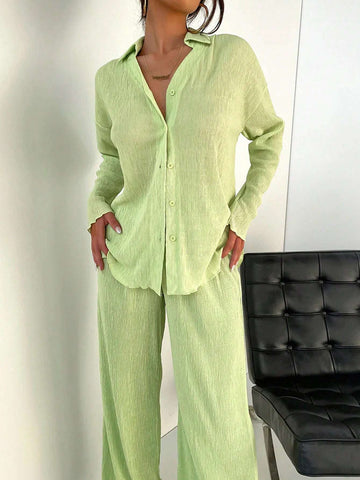 EZwear Women's Drop Shoulder Long Sleeve Loose Casual Shirt With V-Neck And Textured Fabric