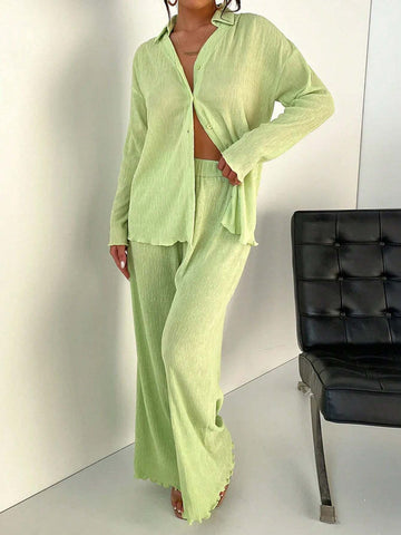 EZwear Women's Drop Shoulder Long Sleeve Loose Casual Shirt With V-Neck And Textured Fabric