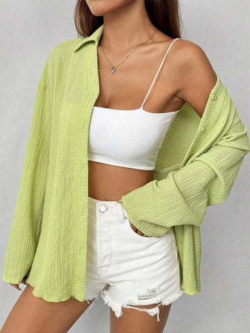 EZwear Women's Drop Shoulder Long Sleeve Loose Casual Shirt With V-Neck And Textured Fabric