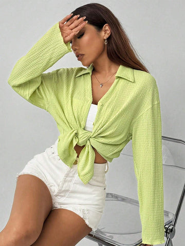 EZwear Women's Drop Shoulder Long Sleeve Loose Casual Shirt With V-Neck And Textured Fabric