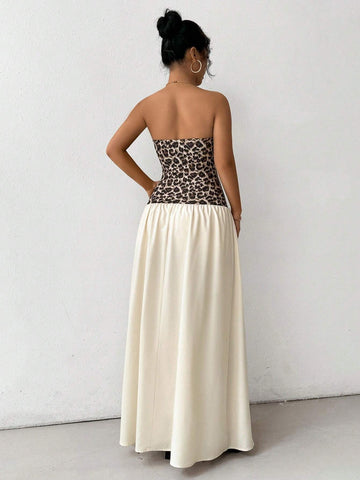 Women's European And American Style Leopard Print & Solid Color Splice Tube Dress, INS