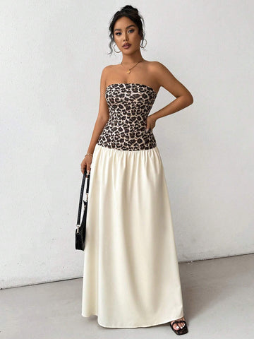 Women's European And American Style Leopard Print & Solid Color Splice Tube Dress, INS