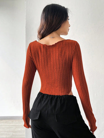 Women's Fashion Rust Red Knitted Bodysuit