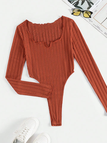 Women's Fashion Rust Red Knitted Bodysuit