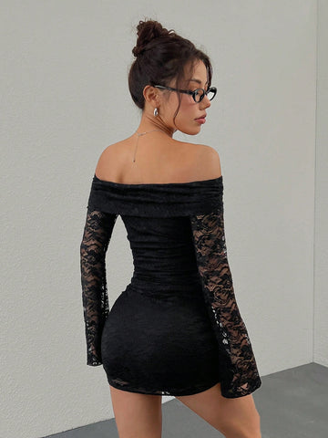 Women's Fashion Sexy Contrast Lace Off-Shoulder Bodycon Dress, Summer