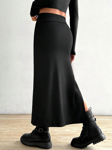 EZwear Women's Fashion Solid Color Slim Fit Split Hem Long Skirt