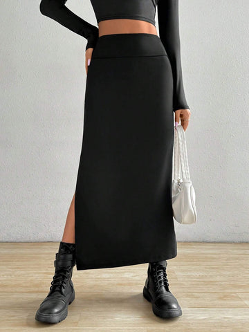 EZwear Women's Fashion Solid Color Slim Fit Split Hem Long Skirt