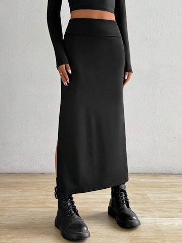 EZwear Women's Fashion Solid Color Slim Fit Split Hem Long Skirt
