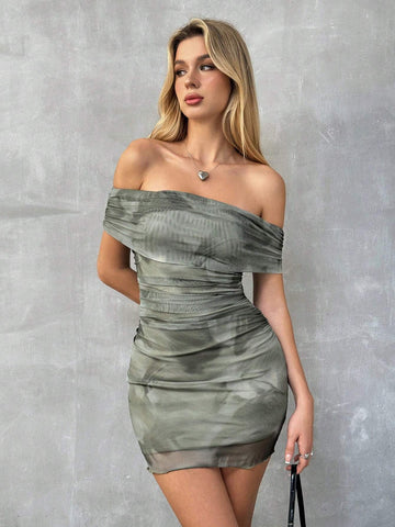 r Women's Fashionable Tie-Dye Printed Off-Shoulder Color Block Dress