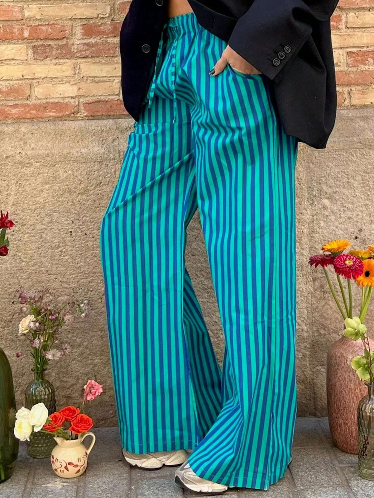 EZwear Women's Front Tie Striped Casual Long Pants