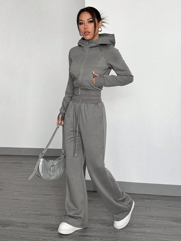 Women's Front Zip Up Hoodie With Pockets And Sweatpants Tracksuit, Minimalist Design