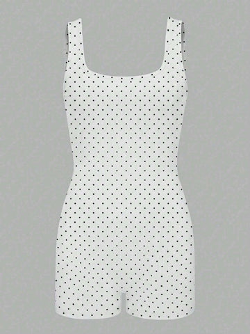 Women's Full-Print Round Wide-Strap Jumpsuit, Casual Daily Wear