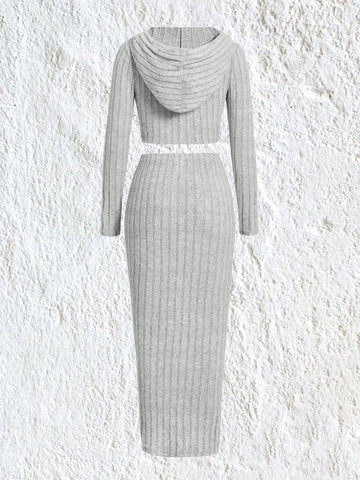 Women's Gray Knitted Slim Fit Top And Skirt Set