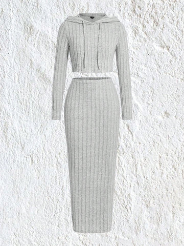 Women's Gray Knitted Slim Fit Top And Skirt Set