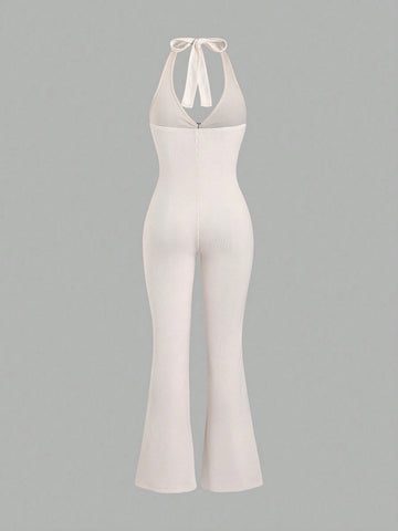 Women's Halter Neck Ribbed Flared Jumpsuit