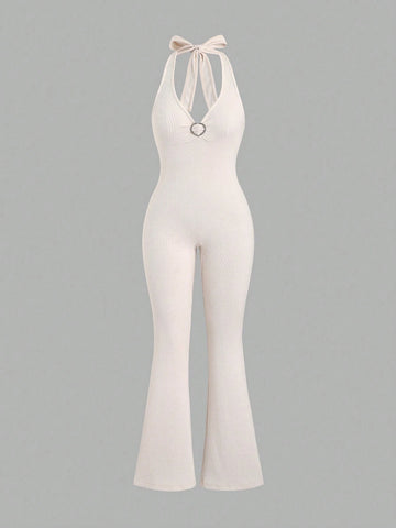 Women's Halter Neck Ribbed Flared Jumpsuit