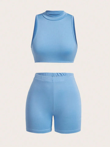 Women's High-Necked Vest With Elastic Waistband And Slim-Fit Cycling Tights Sportswear Set, Solid Color And Simple Design