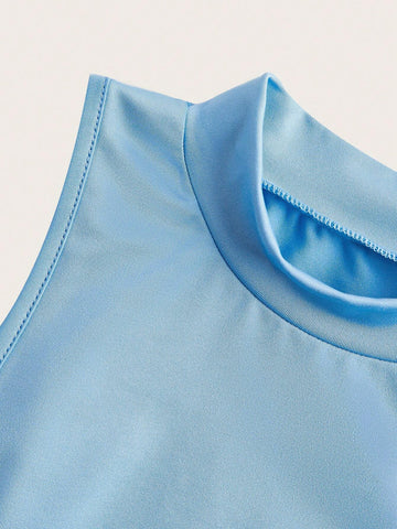 Women's High-Necked Vest With Elastic Waistband And Slim-Fit Cycling Tights Sportswear Set, Solid Color And Simple Design