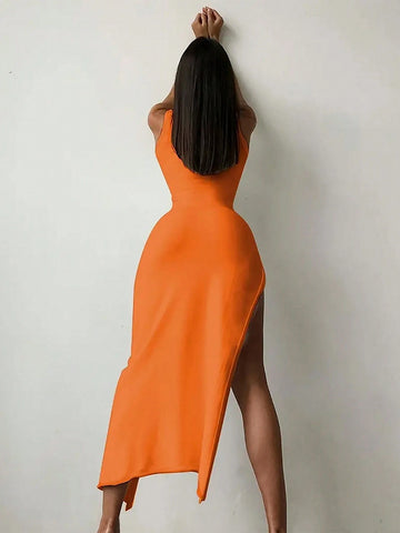 Women's High Neck Solid Color Sleeveless Dress With Thigh-High Slit, Summer Sexy Style