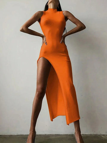 Women's High Neck Solid Color Sleeveless Dress With Thigh-High Slit, Summer Sexy Style