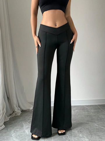 EZwear Women's High Street Casual V-Shaped Waist Knitted High-Elastic Micro-Flared Pants, Summer