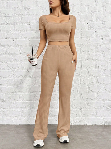 Women's Khaki Color Knitted Slim Fit Cropped T-Shirt And Pants Set