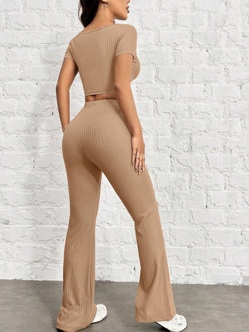 Women's Khaki Color Knitted Slim Fit Cropped T-Shirt And Pants Set