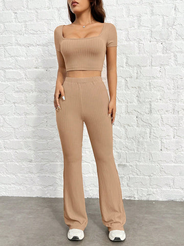 Women's Khaki Color Knitted Slim Fit Cropped T-Shirt And Pants Set