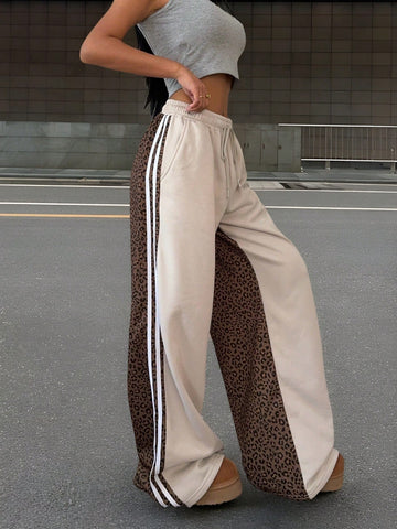 EZwear Women's Leopard Print Contrast Color Tie Front Pocket Casual Wide Leg Sweatpants