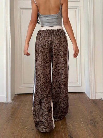 EZwear Women's Leopard Print Contrast Color Tie Front Pocket Casual Wide Leg Sweatpants