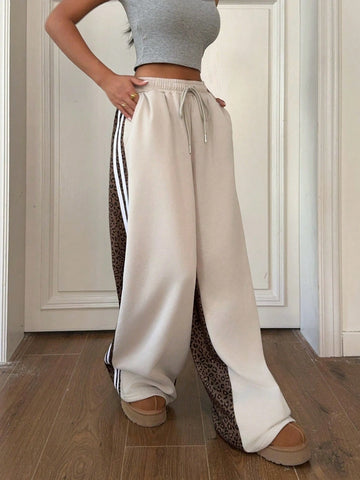 EZwear Women's Leopard Print Contrast Color Tie Front Pocket Casual Wide Leg Sweatpants