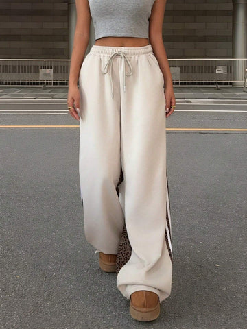 EZwear Women's Leopard Print Contrast Color Tie Front Pocket Casual Wide Leg Sweatpants