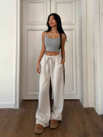 EZwear Women's Leopard Print Contrast Color Tie Front Pocket Casual Wide Leg Sweatpants