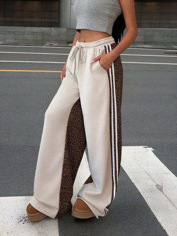 EZwear Women's Leopard Print Contrast Color Tie Front Pocket Casual Wide Leg Sweatpants
